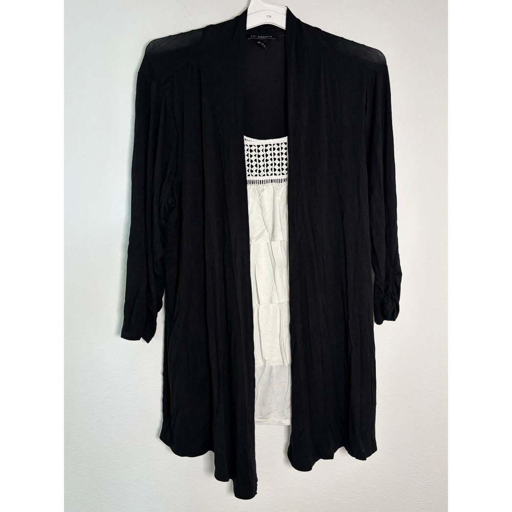 I.N. Studio Woman Black Cardigan White Tiered Crochet Top Set 2X Plus Size